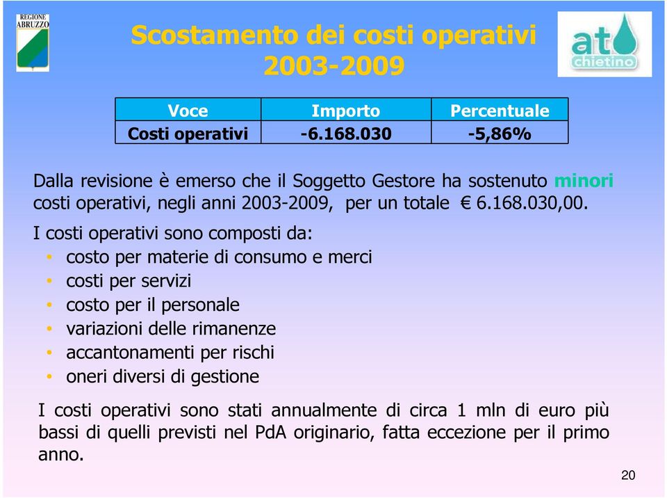 I costi operativi sono composti da: costo per materie di consumo e merci costi per servizi costo per il personale variazioni delle rimanenze