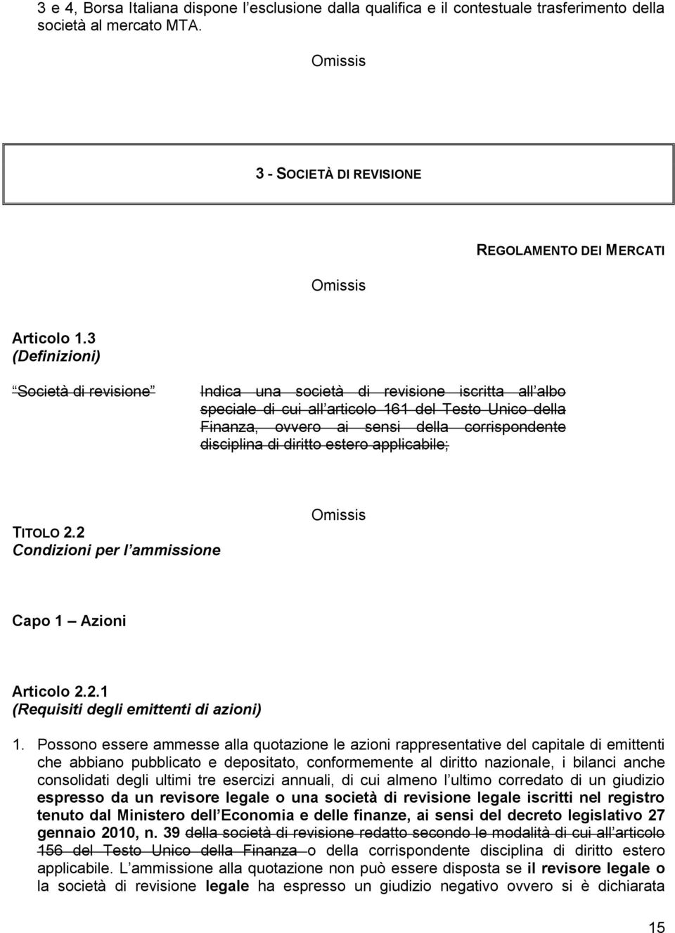 di diritto estero applicabile; TITOLO 2.2 Condizioni per l ammissione Capo 1 Azioni Articolo 2.2.1 (Requisiti degli emittenti di azioni) 1.