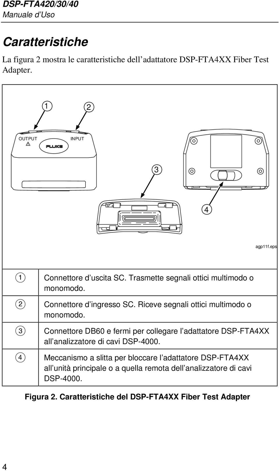 Riceve segnali ottici multimodo o monomodo. Connettore DB60 e fermi per collegare l adattatore DSP-FTA4XX all analizzatore di cavi DSP-4000.