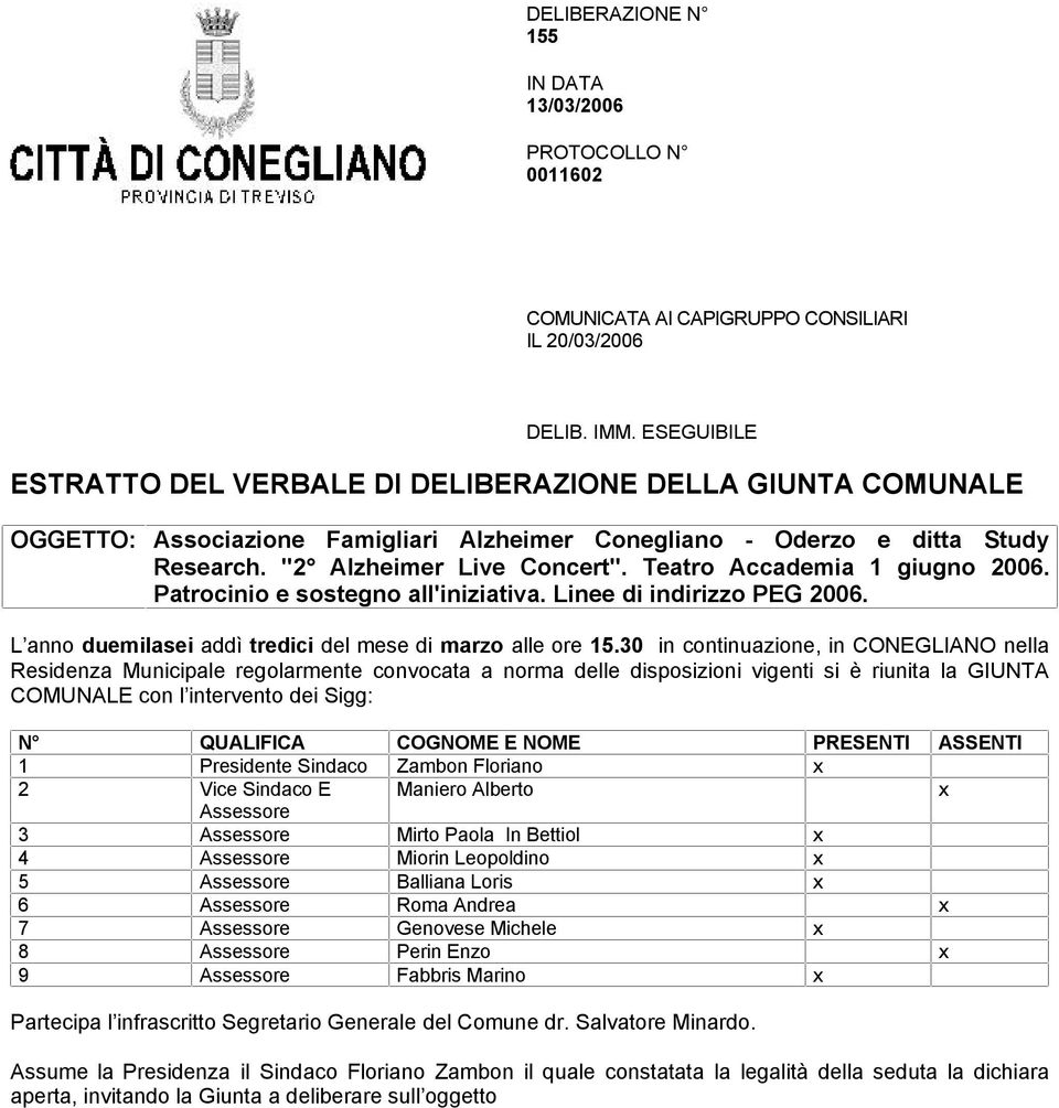 Teatro Accademia 1 giugno 2006. Patrocinio e sostegno all'iniziativa. Linee di indirizzo PEG 2006. L anno duemilasei addì tredici del mese di marzo alle ore 15.