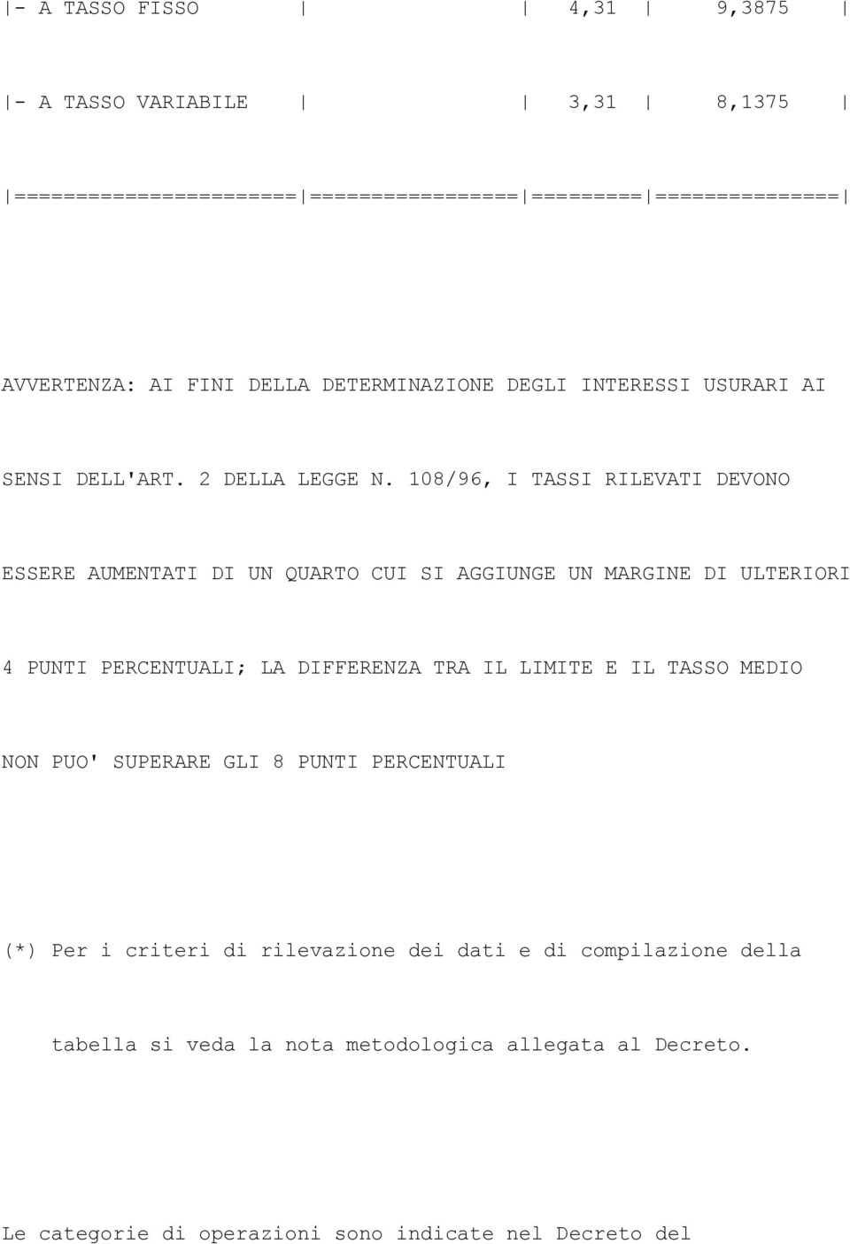 108/96, I TASSI RILEVATI DEVONO ESSERE AUMENTATI DI UN QUARTO CUI SI AGGIUNGE UN MARGINE DI ULTERIORI 4 PUNTI PERCENTUALI; LA DIFFERENZA TRA IL LIMITE E