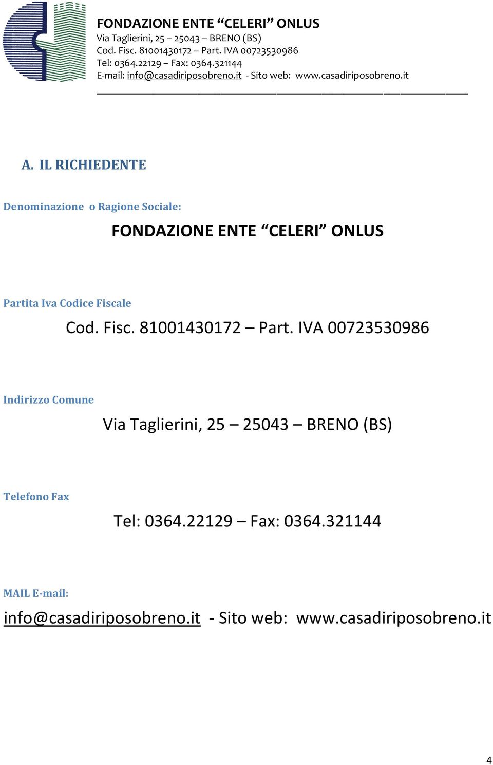 Fiscale Indirizzo Comune Telefono Fax MAIL E-mail: