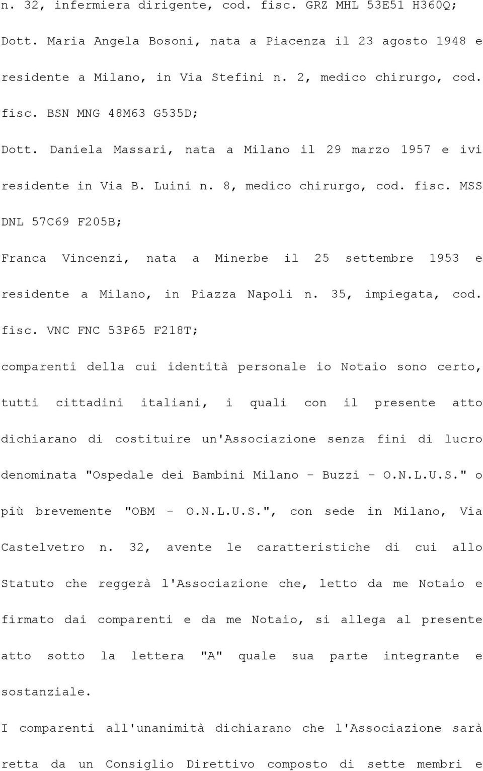 MSS DNL 57C69 F205B; Franca Vincenzi, nata a Minerbe il 25 settembre 1953 e residente a Milano, in Piazza Napoli n. 35, impiegata, cod. fisc.