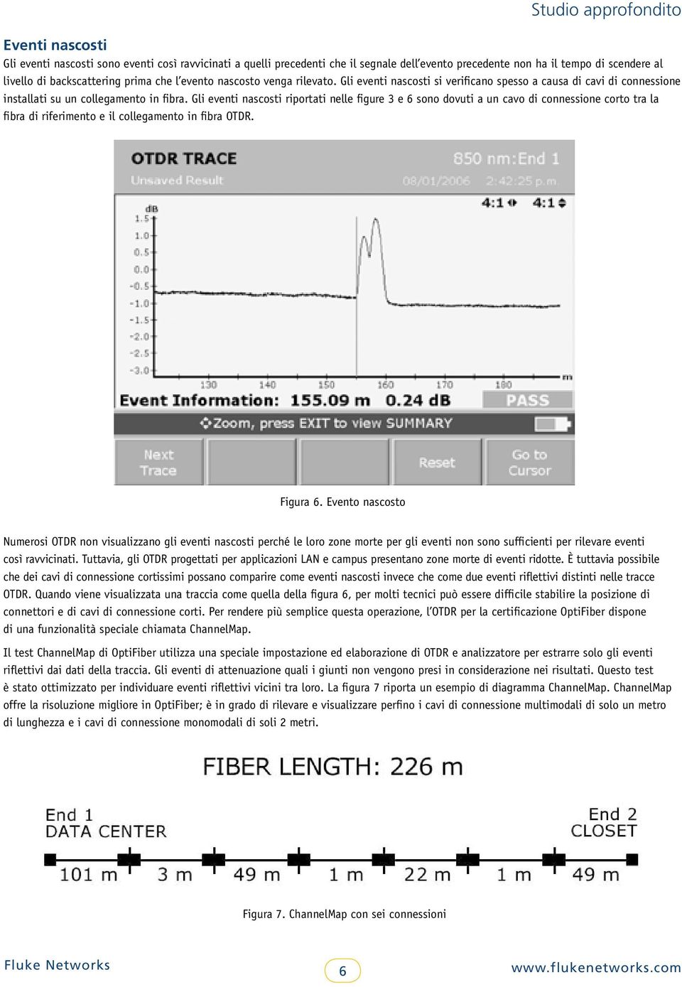 Gli eventi nascosti riportati nelle figure 3 e 6 sono dovuti a un cavo di connessione corto tra la fibra di riferimento e il collegamento in fibra OTDR. Figura 6.