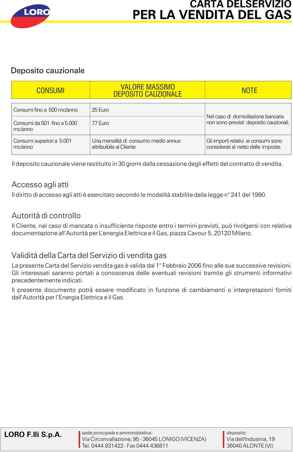 Gli importi relativi ai consumi sono considerati al netto delle imposte. Il deposito cauzionale viene restituito in 30 giorni dalla cessazione degli effetti del contratto di vendita.