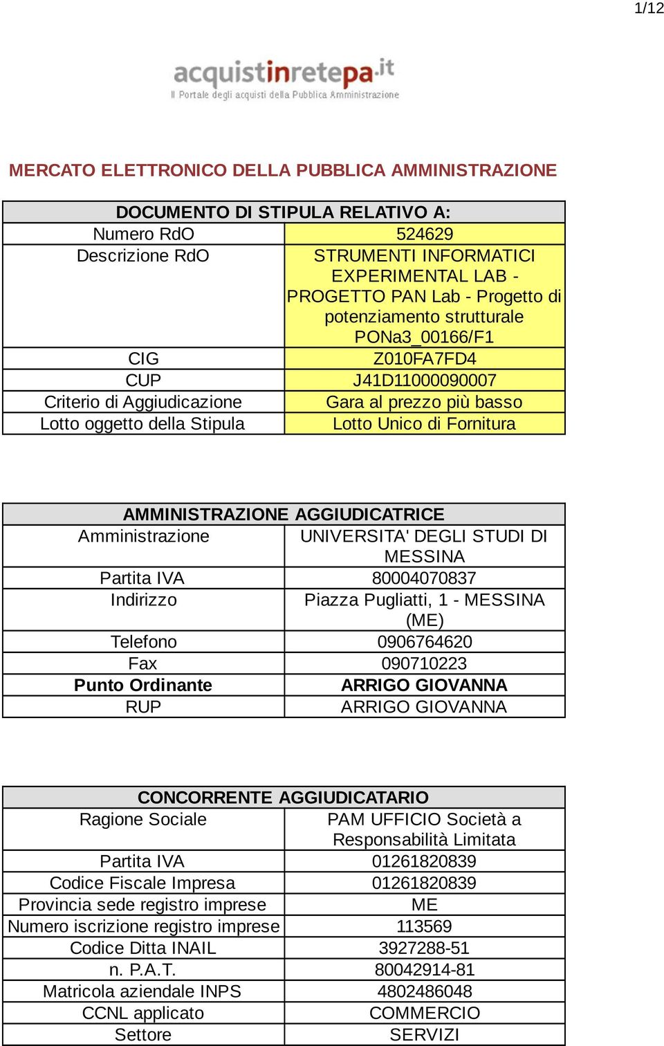 Amministrazione UNIVERSITA' DEGLI STUDI DI MESSINA Partita IVA 80004070837 Indirizzo Piazza Pugliatti, 1 - MESSINA (ME) Telefono 0906764620 Fax 090710223 Punto Ordinante ARRIGO GIOVANNA RUP ARRIGO