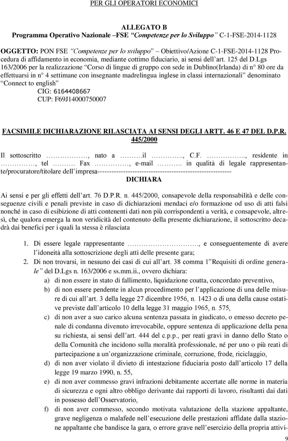 Lgs 163/2006 per la realizzazione Corso di lingue di gruppo con sede in Dublino(Irlanda) di n 80 ore da effettuarsi in n 4 settimane con insegnante madrelingua inglese in classi internazionali