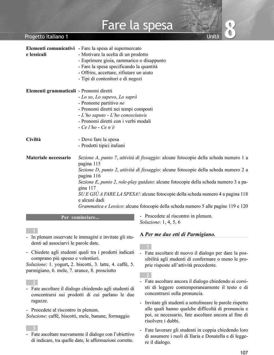 saputo - L ho conosciuto/a - Pronomi diretti con i verbi modali - Ce l ho - Ce n è Civiltà Materiale necessario - Dove fare la spesa - Prodotti tipici italiani Sezione A, punto 7, attività di