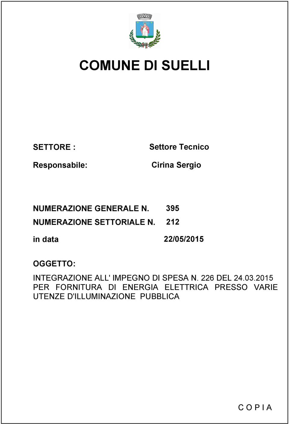 395 NUMERAZIONE SETTORIALE N.