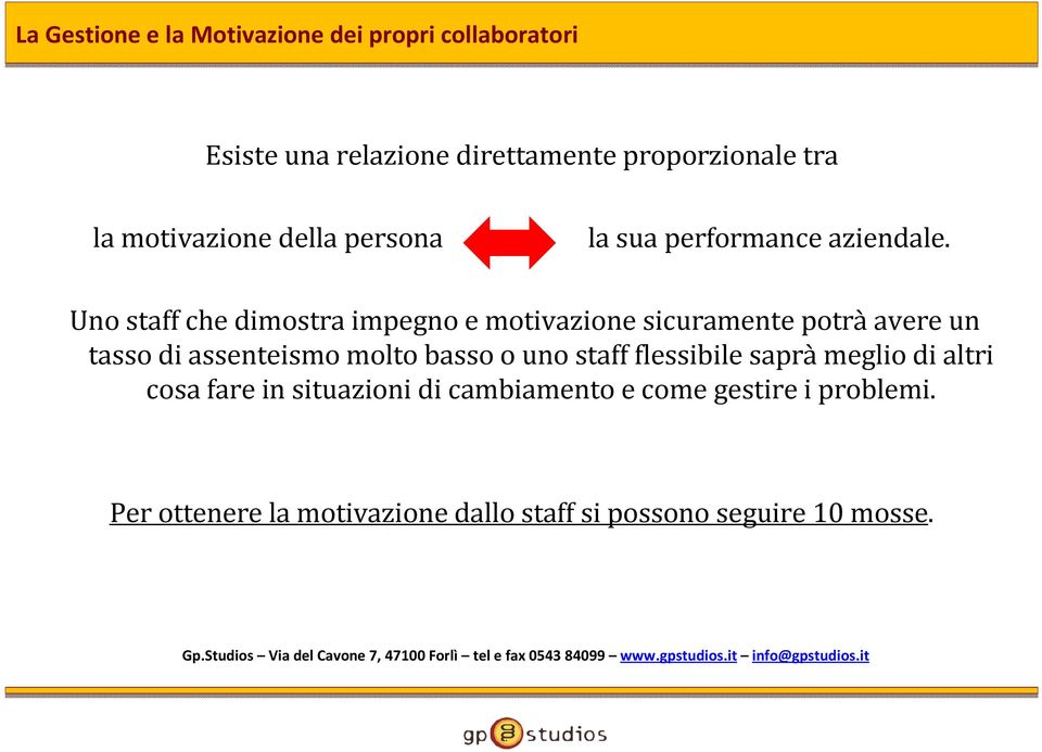 Uno staff che dimostra impegno e motivazione sicuramente potràavere un tasso di assenteismo molto basso o uno