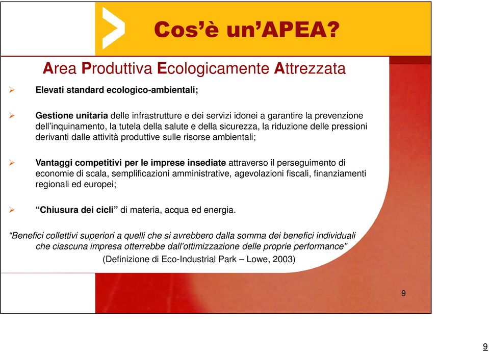 della salute e della sicurezza, la riduzione delle pressioni derivanti dalle attività produttive sulle risorse ambientali; Vantaggi competitivi per le imprese insediate attraverso il perseguimento