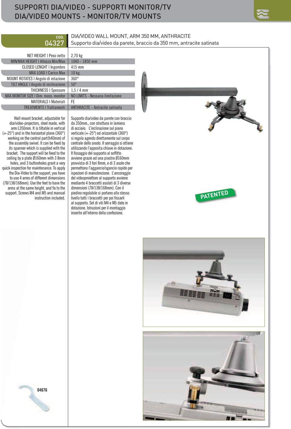 Wall mount bracket, adjustable for dia/video-projectors, steel made, with arm L350mm.