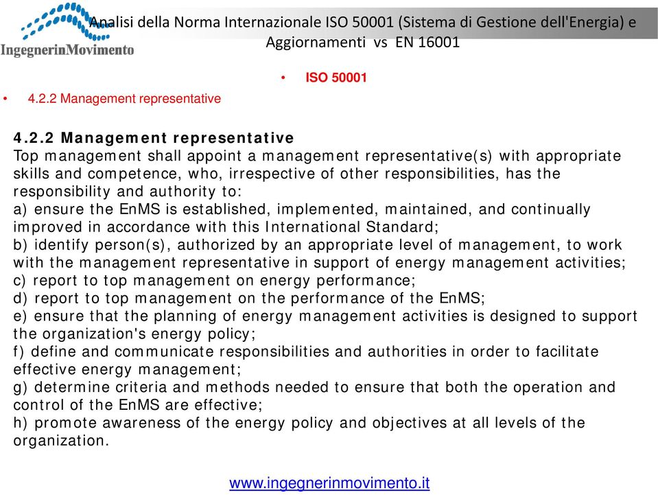 responsibilities, has the responsibility bl and authority to: a) ensure the EnMS is established, implemented, maintained, and continually improved in accordance with this International Standard; b)