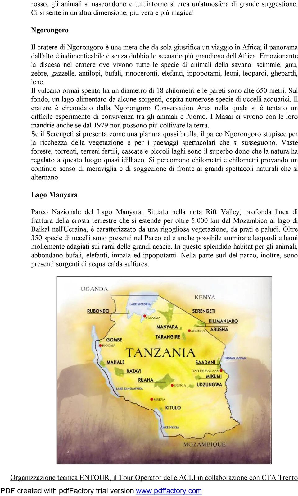 Emozionante la discesa nel cratere ove vivono tutte le specie di animali della savana: scimmie, gnu, zebre, gazzelle, antilopi, bufali, rinoceronti, elefanti, ippopotami, leoni, leopardi, ghepardi,