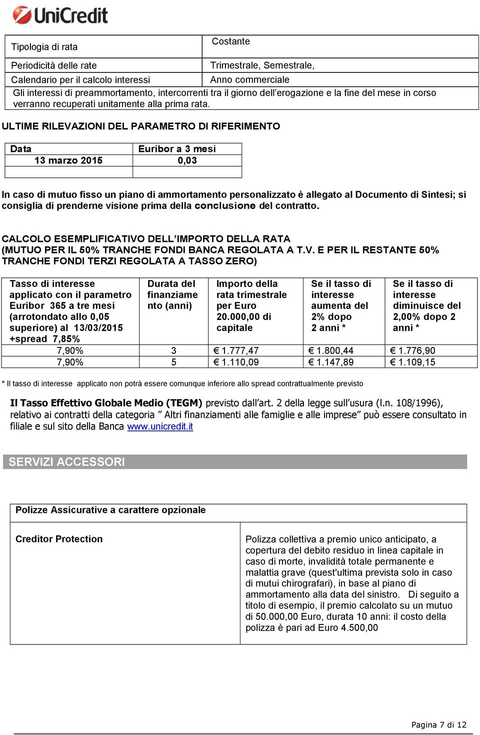 ULTIME RILEVAZIONI DEL PARAMETRO DI RIFERIMENTO Data Euribor a 3 mesi 13 marzo 2015 0,03 In caso di mutuo fisso un piano di ammortamento personalizzato è allegato al Documento di Sintesi; si