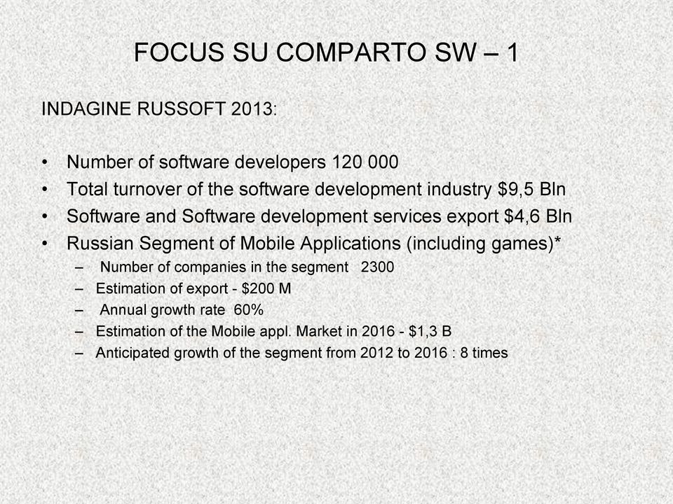 Applications (including games)* Number of companies in the segment 2300 Estimation of export - $200 M Annual growth