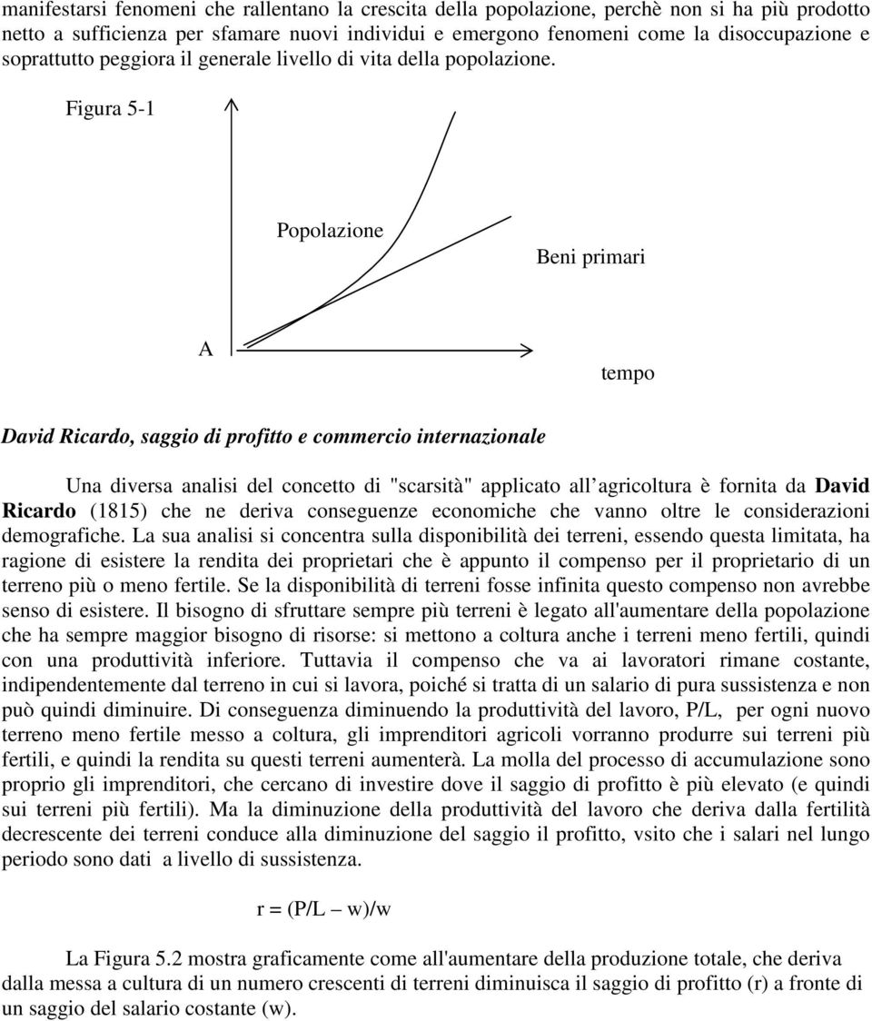 Figura 5-1 Popolazione Beni primari A tempo David Ricardo, saggio di profitto e commercio internazionale Una diversa analisi del concetto di "scarsità" applicato all agricoltura è fornita da David