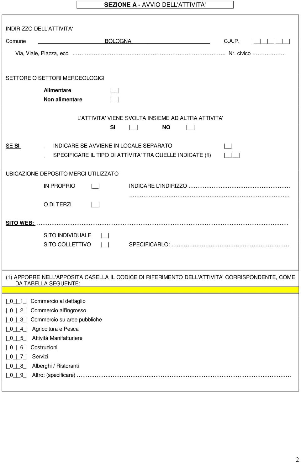 UBICAZIONE DEPOSITO MERCI UTILIZZATO IN PROPRIO INDICARE L'INDIRIZZO O DI TERZI SITO WEB: SITO INDIVIDUALE SITO COLLETTIVO SPECIFICARLO: (1) APPORRE NELL'APPOSITA CASELLA IL CODICE DI RIFERIMENTO