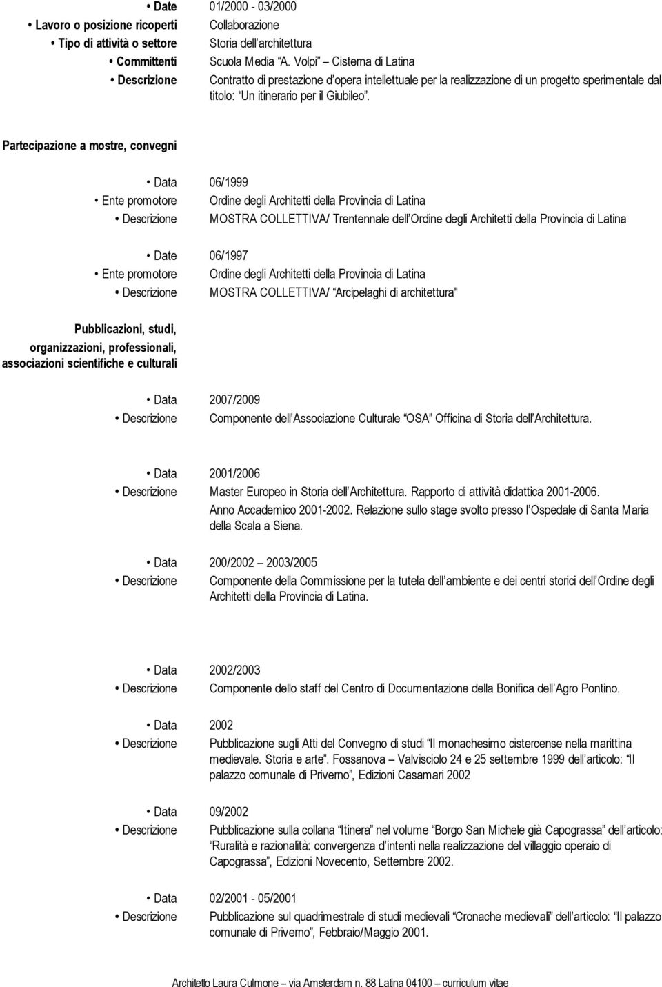 Partecipazione a mostre, convegni Pubblicazioni, studi, organizzazioni, professionali, associazioni scientifiche e culturali Data 06/1999 Ente promotore Ordine degli Architetti della Provincia di