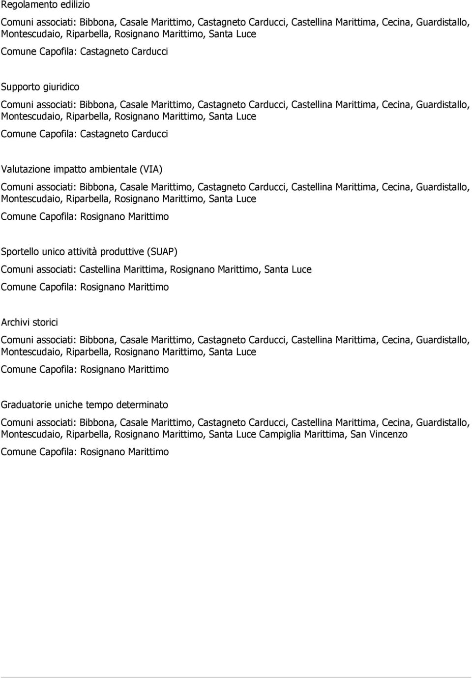 Marittimo, Santa Luce Comune Capofila: Castagneto Carducci Valutazione impatto ambientale (VIA) Comuni associati: Bibbona, Casale Marittimo, Castagneto Carducci, Castellina Marittima, Cecina,