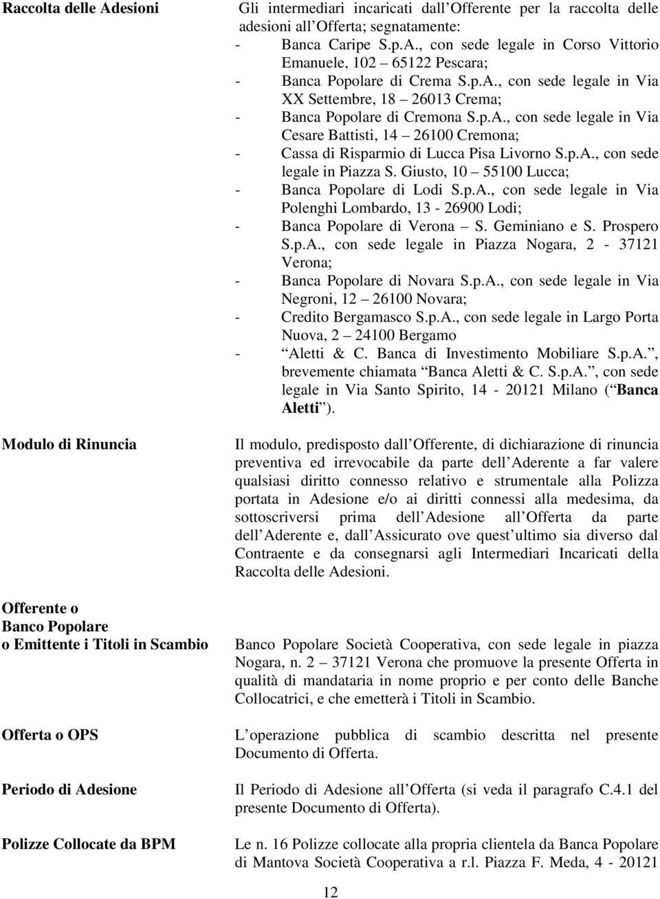 p.A., con sede legale in Via Cesare Battisti, 14 26100 Cremona; - Cassa di Risparmio di Lucca Pisa Livorno S.p.A., con sede legale in Piazza S. Giusto, 10 55100 Lucca; - Banca Popolare di Lodi S.p.A., con sede legale in Via Polenghi Lombardo, 13-26900 Lodi; - Banca Popolare di Verona S.