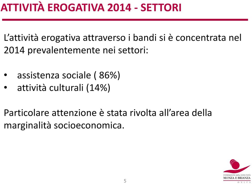 assistenza sociale ( 86%) attività culturali (14%) Particolare