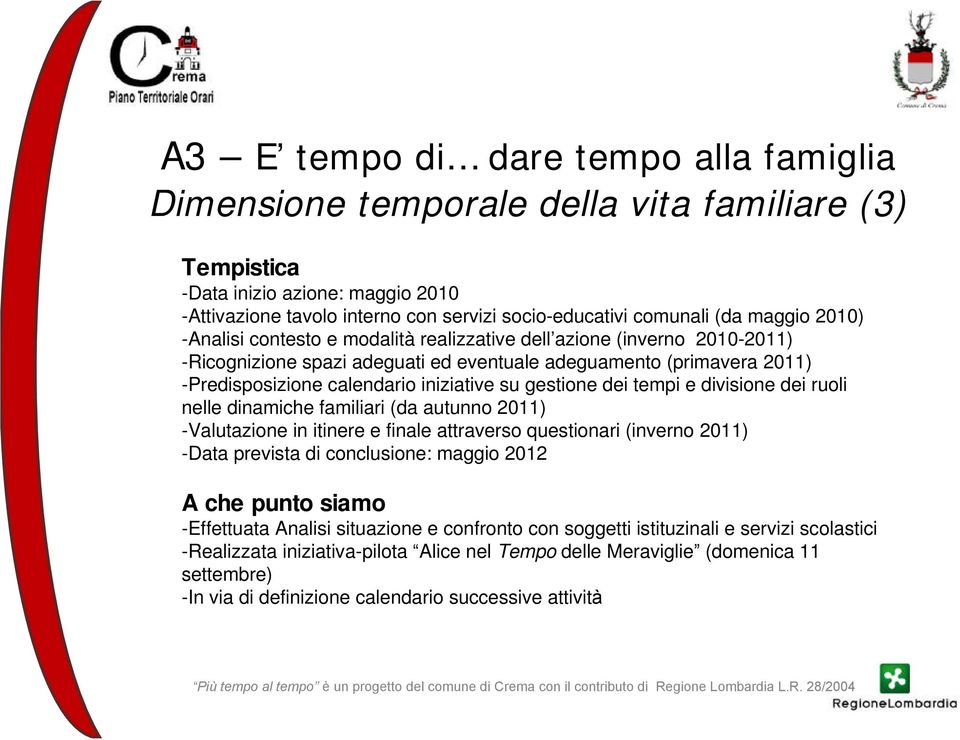 gestione dei tempi e divisione dei ruoli nelle dinamiche familiari (da autunno 2011) -Valutazione in itinere e finale attraverso questionari (inverno 2011) -Data prevista di conclusione: maggio 2012