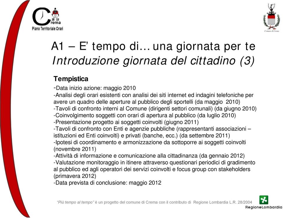 soggetti con orari di apertura al pubblico (da luglio 2010) -Presentazione progetto ai soggetti coinvolti (giugno 2011) -Tavoli di confronto con Enti e agenzie pubbliche (rappresentanti associazioni