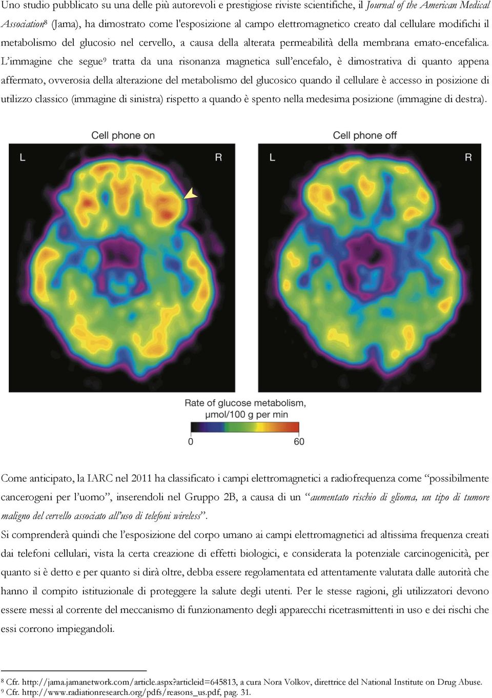 L immagine che segue 9 tratta da una risonanza magnetica sull encefalo, è dimostrativa di quanto appena affermato, ovverosia della alterazione del metabolismo del glucosico quando il cellulare è