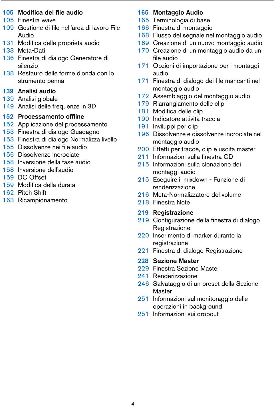 dialogo Guadagno 153 Finestra di dialogo Normalizza livello 155 Dissolvenze nei file audio 156 Dissolvenze incrociate 158 Inversione della fase audio 158 Inversione dell'audio 159 DC Offset 159