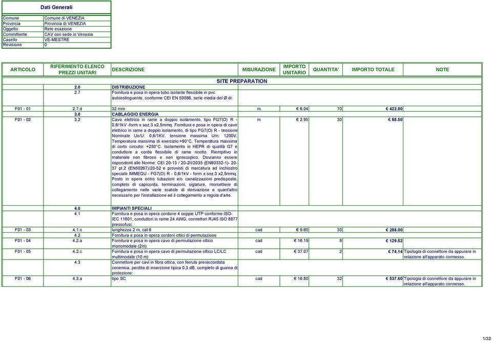 0 CABLAGGIO ENERGIA F01-02 3.2 Cavo elettrico in rame a doppio isolamento, tipo FG7(O) R - 0,6/1kV -form x sez.3 x2,5mmq.