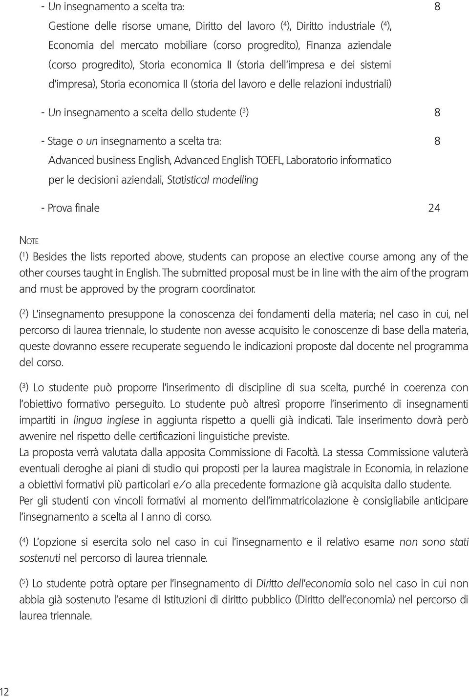 - Stage o un insegnamento a scelta tra: 8 Advanced business English, Advanced English TOEFL, Laboratorio informatico per le decisioni aziendali, Statistical modelling - Prova finale 24 NOTE ( 1 )