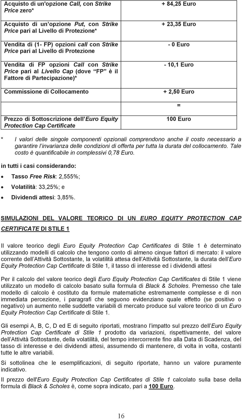 Euro = Prezzo di Sottoscrizione dell Euro Equity Protection Cap Certificate 100 Euro * I valori delle singole componenti opzionali comprendono anche il costo necessario a garantire l invarianza delle