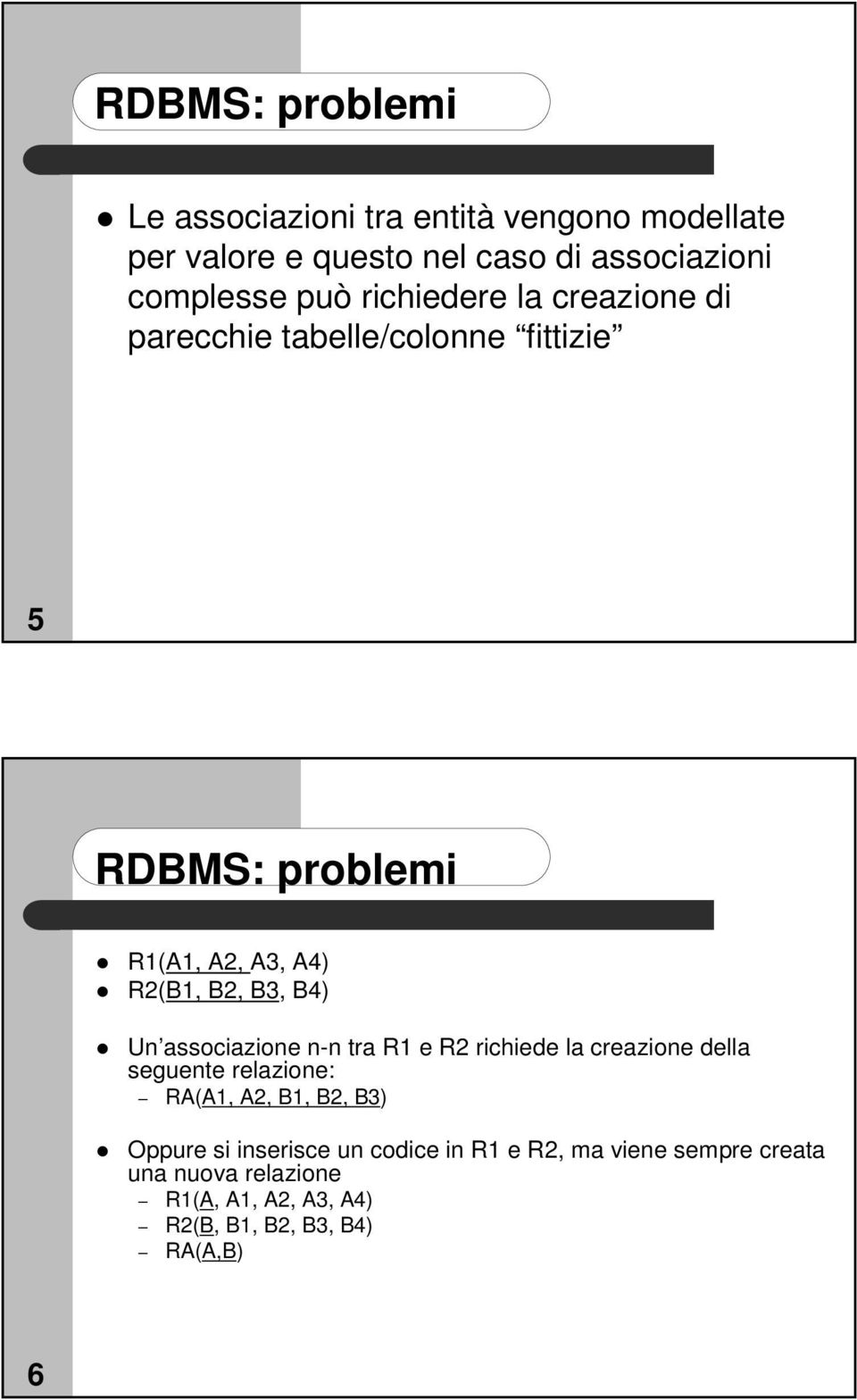 Un associazione n-n tra R1 e R2 richiede la creazione della seguente relazione: RA(A1, A2, B1, B2, B3) Oppure si