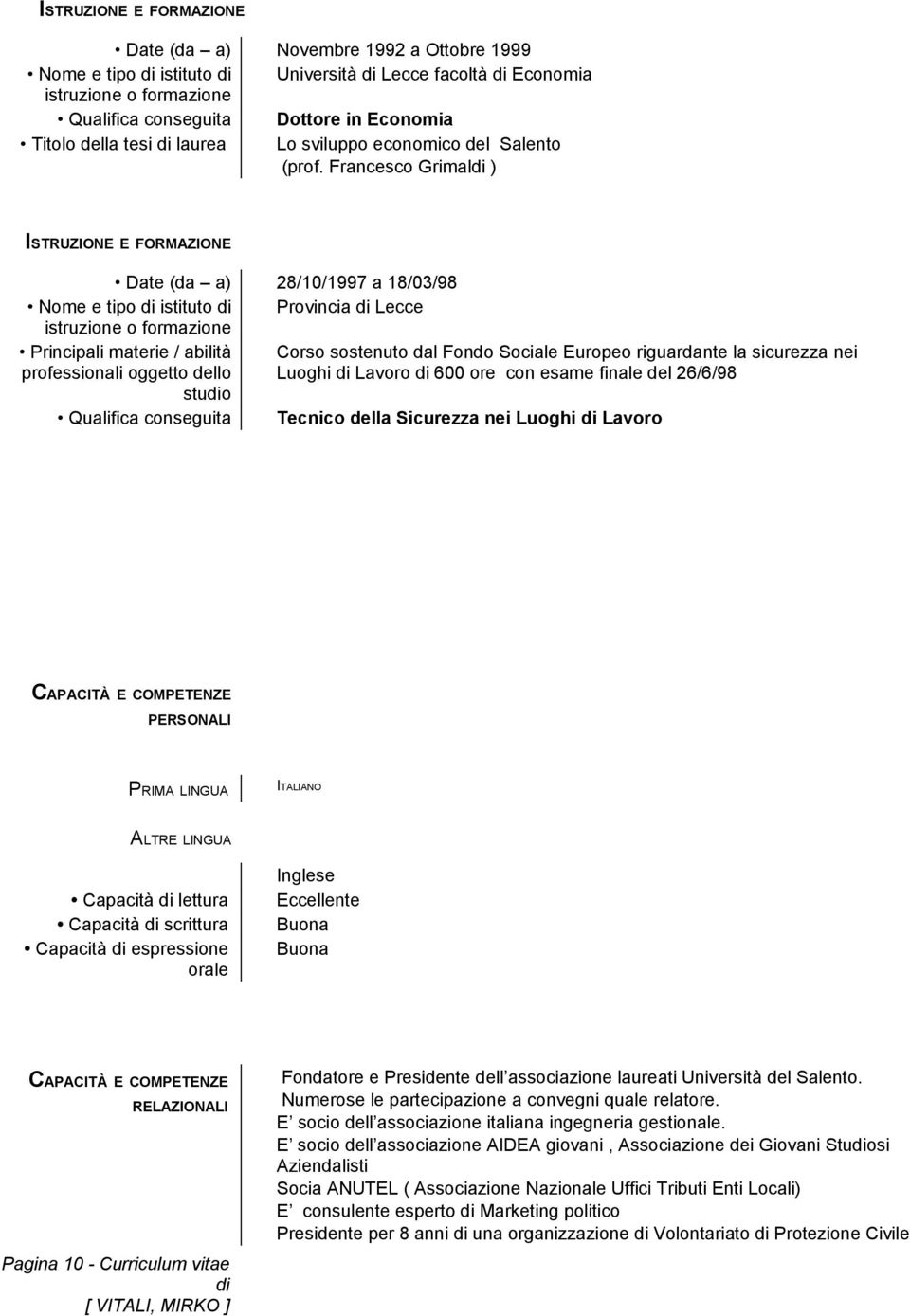 Francesco Grimaldi ) Date (da a) 28/10/1997 a 18/03/98 Nome e tipo di istituto di Provincia di Lecce istruzione o formazione Principali materie / abilità Corso sostenuto dal Fondo Sociale Europeo