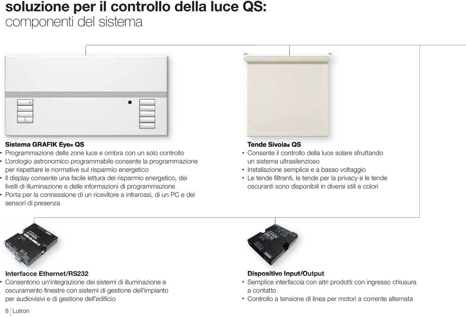 programmazione Porta per la connessione di un ricevitore a infrarossi, di un PC e dei sensori di presenza Tende Sivoia QS Consente il controllo della luce solare sfruttando un sistema ultrasilenzioso