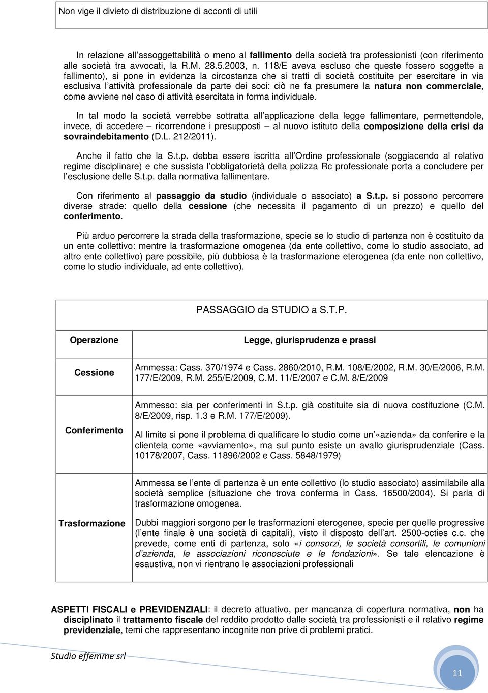 118/E aveva escluso che queste fossero soggette a fallimento), si pone in evidenza la circostanza che si tratti di società costituite per esercitare in via esclusiva l attività professionale da parte