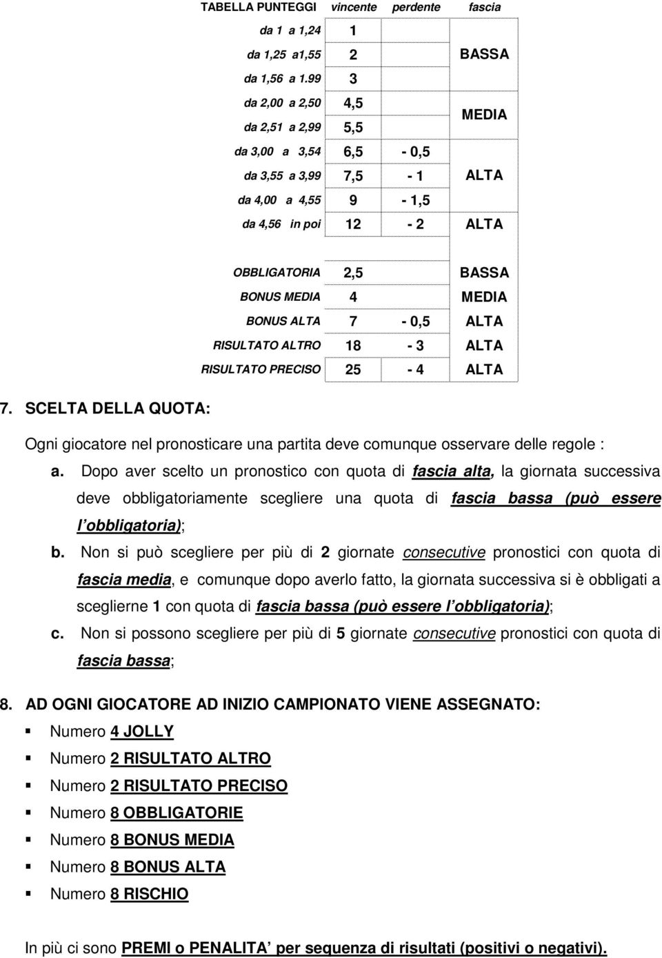 7-0,5 ALTA RISULTATO ALTRO 18-3 ALTA RISULTATO PRECISO 25-4 ALTA 7. SCELTA DELLA QUOTA: Ogni giocatore nel pronosticare una partita deve comunque osservare delle regole : a.