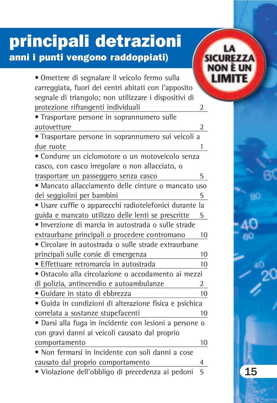 motoveicolo senza casco, con casco irregolare o non allacciato, o trasportare un passeggero senza casco 5 Mancato allacciamento delle cinture o mancato uso dei seggiolini per bambini 5 Usare cuffie o