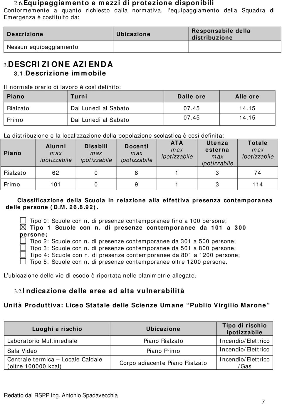 Descrizione immobile Il normale orario di lavoro è così definito: Piano Turni Dalle ore Alle ore Rialzato Dal Lunedì al Sabato 07.45 14.