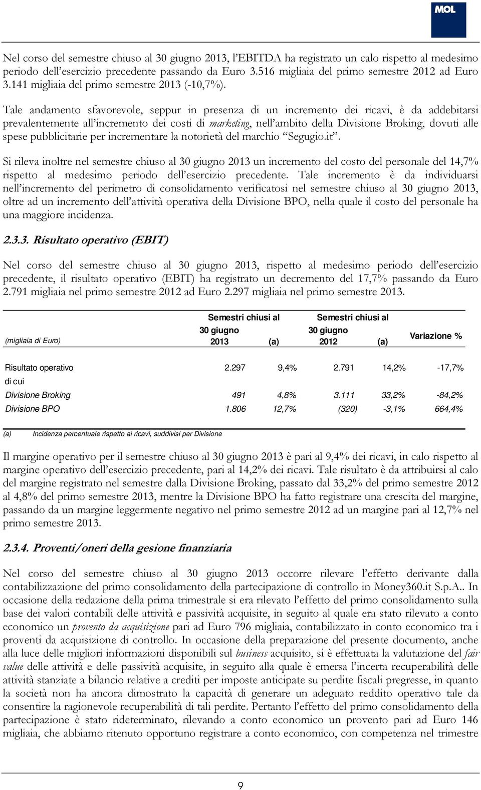 Tale andamento sfavorevole, seppur in presenza di un incremento dei ricavi, è da addebitarsi prevalentemente all incremento dei costi di marketing, nell ambito della Divisione Broking, dovuti alle