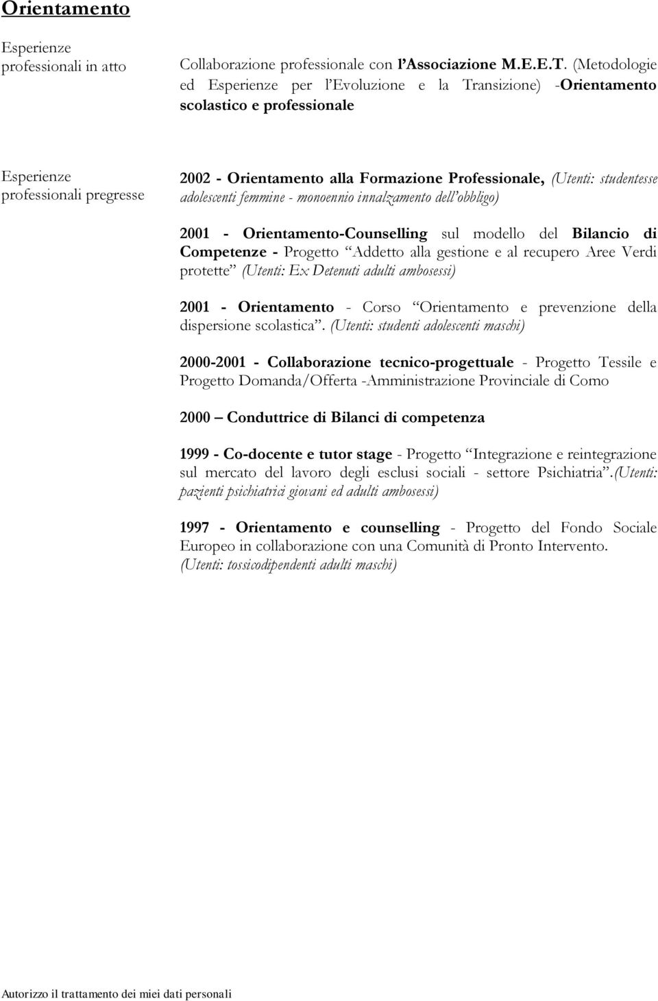 femmine - monoennio innalzamento dell obbligo) 2001 - Orientamento-Counselling sul modello del Bilancio di Competenze - Progetto Addetto alla gestione e al recupero Aree Verdi protette (Utenti: Ex