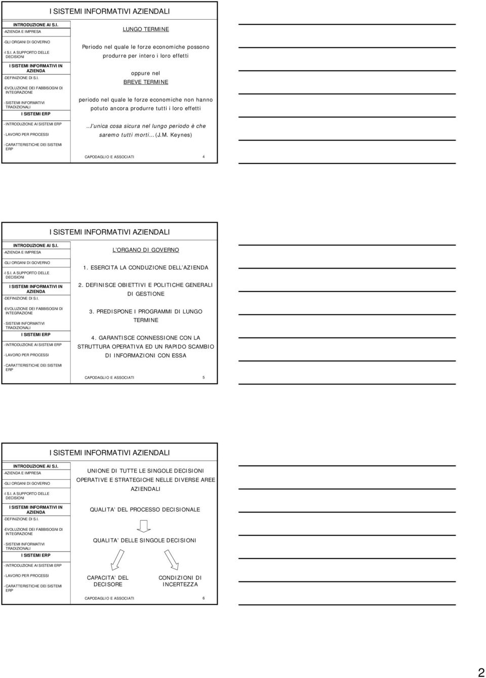 Keynes) CAPODAGLIO E ASSOCIATI 4 I SISTEMI INFORMATIVI LI - E IMPRESA - INTRODUZIONE A L ORGANO DI GOVERNO 1. ESERCITA LA CONDUZIONE DELL 2. DEFINISCE OBIETTIVI E POLITICHE GENERALI DI GESTIONE 3.