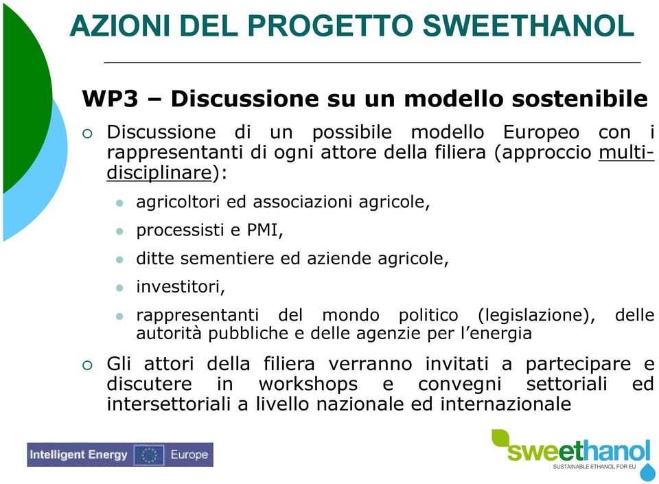 agricole, investitori, rappresentanti del mondo politico (legislazione), delle autorità pubbliche e delle agenzie per l energia Gli attori