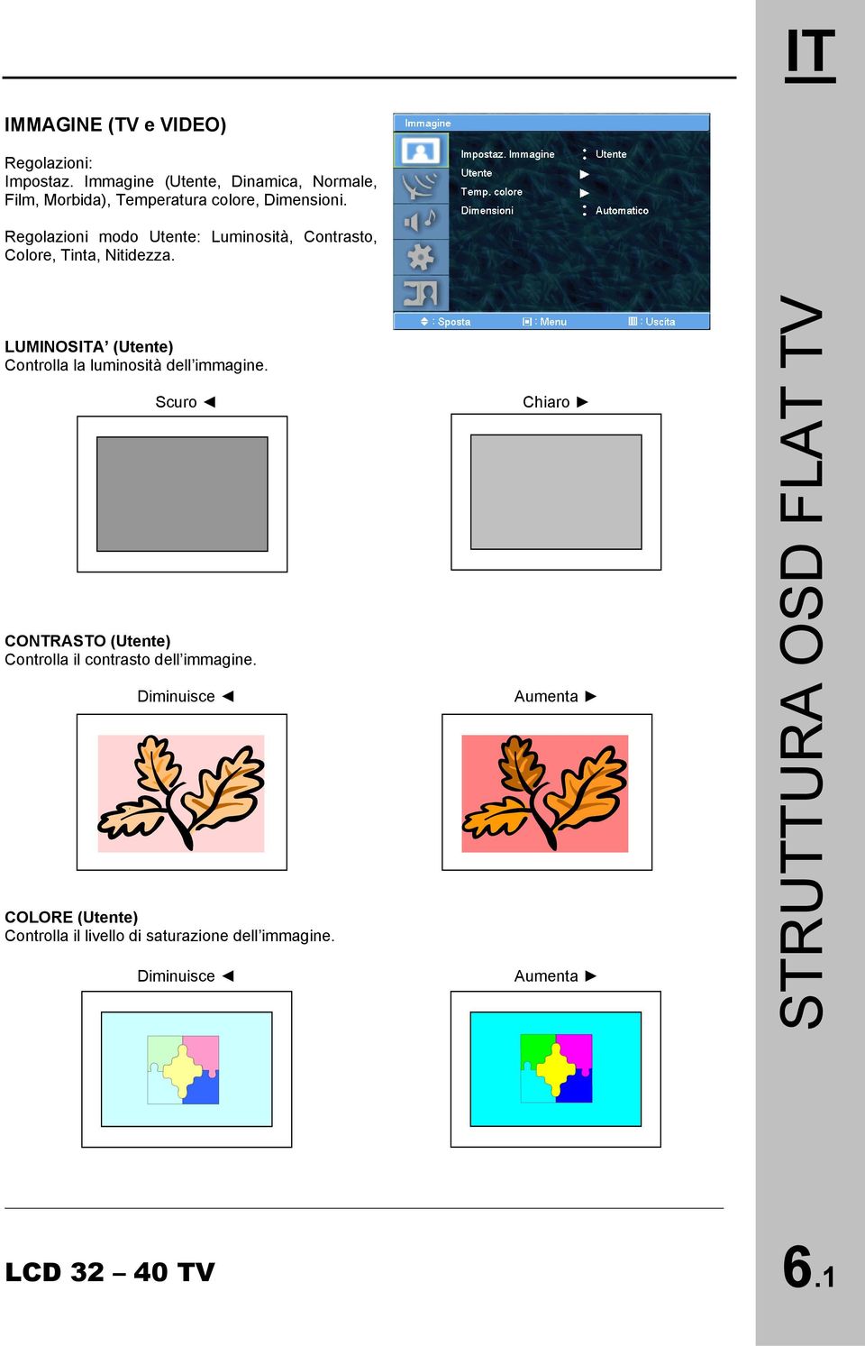 Regolazioni modo Utente: Luminosità, Contrasto, Colore, Tinta, Nitidezza.