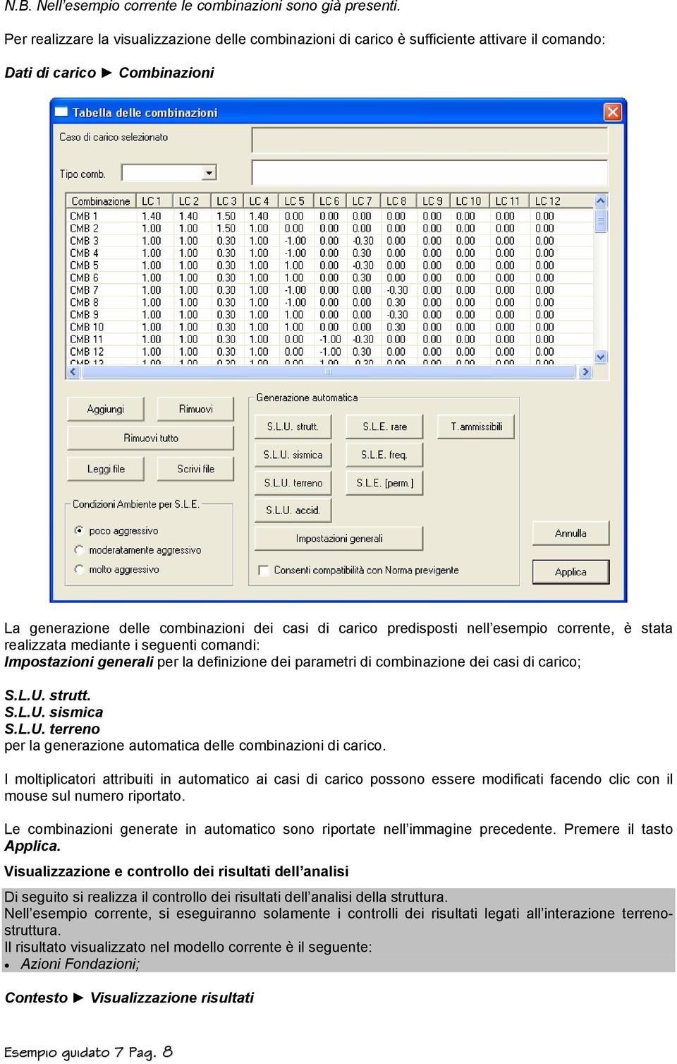 esempio corrente, è stata realizzata mediante i seguenti comandi: Impostazioni generali per la definizione dei parametri di combinazione dei casi di carico; S.L.U.