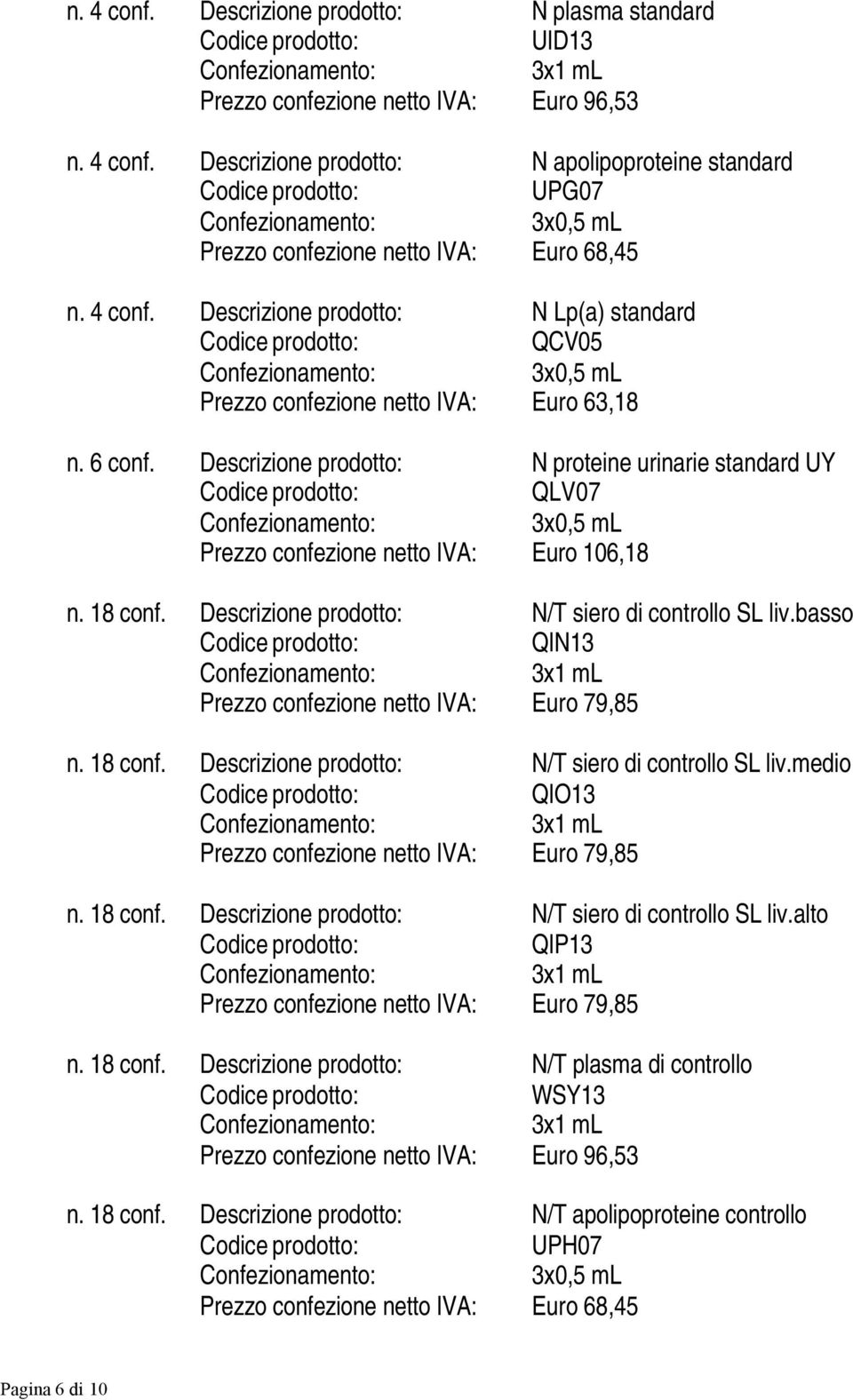 Descrizione prodotto: N proteine urinarie standard UY QLV07 3x0,5 ml Prezzo confezione netto IVA: Euro 106,18 n. 18 conf. Descrizione prodotto: N/T siero di controllo SL liv.