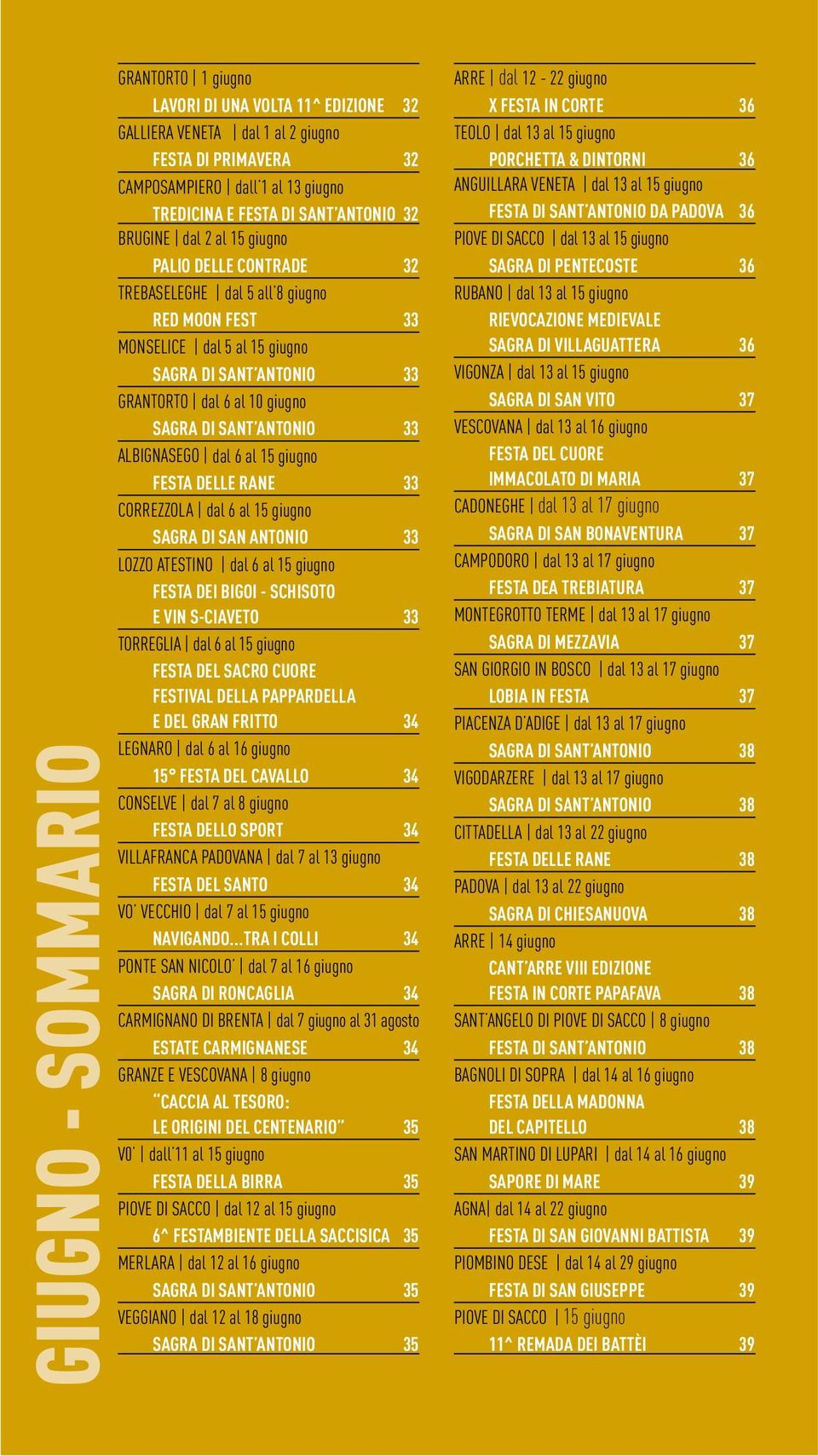 ANTONIO 33 ALBIGNASEGO dal 6 al 15 giugno FESTA DELLE RANE 33 CORREZZOLA dal 6 al 15 giugno SAGRA DI SAN ANTONIO 33 LOZZO ATESTINO dal 6 al 15 giugno FESTA DEI BIGOI - SCHISOTO E VIN S-CIAVETO 33