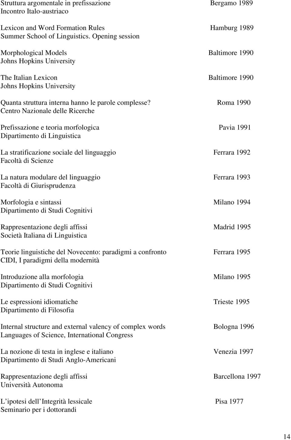 Roma 1990 Centro Nazionale delle Ricerche Prefissazione e teoria morfologica Pavia 1991 Dipartimento di Linguistica La stratificazione sociale del linguaggio Ferrara 1992 Facoltà di Scienze La natura