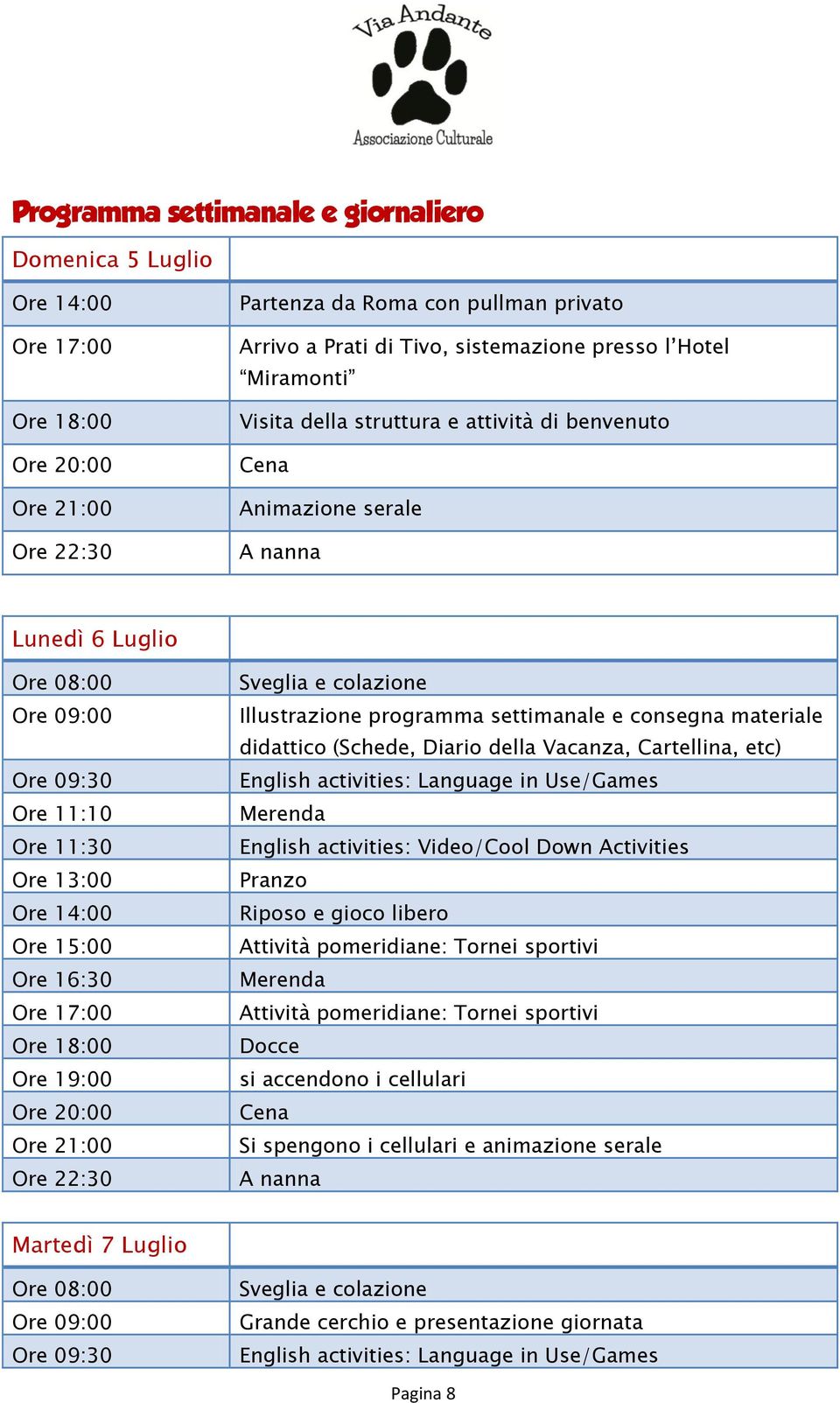 colazione Illustrazione programma settimanale e consegna materiale didattico (Schede, Diario della Vacanza, Cartellina, etc) English activities: Language in Use/Games English activities: Video/Cool